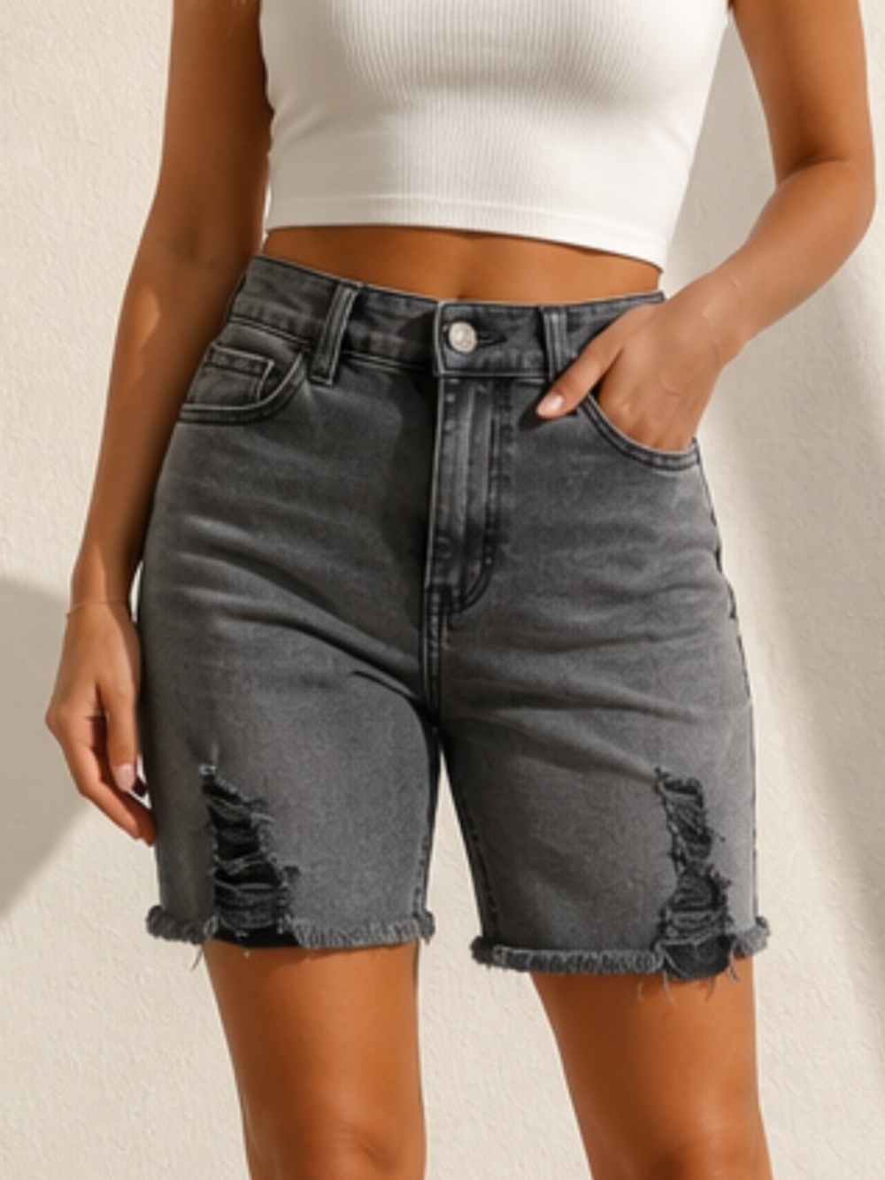 Hollister Charcoal Ripped Bermuda Ultra High Rise Y2K Jean Shorts